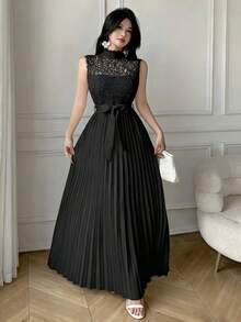 Celisse White Lace Patchwork Pleated Elegant Dress For Women - Black - View 5