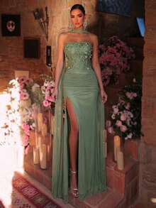 Aureia Đầm đuôi cá sang trọng, thanh lịch, đính cườm, sequin, họa tiết hoa 3D, phối ren, chất liệu lưới co giãn kiểu Hàn Quốc, xếp ly gợi cảm, thích hợp cho đám cưới, sự kiện, tiệc tùng, kỳ nghỉ, dạ hội và các dịp trang trọng. - Cỏ xanh - Xem 7