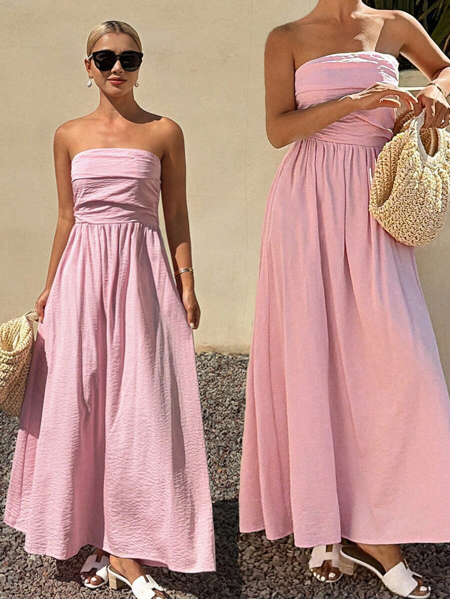 DAZY Đầm nữ không dây, thắt eo, kiểu dáng thường ngày - Hồng - Xem 1