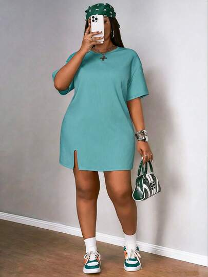 Slaydiva Vestido camiseta de talla grande de unicolor casual con bajo dividido, para verano
