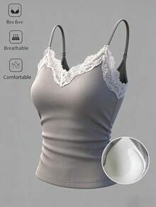 DAZY Lace Patchwork Padded Camisole Top, Casual Vacation Summer Wear For Women - Grey - View 6