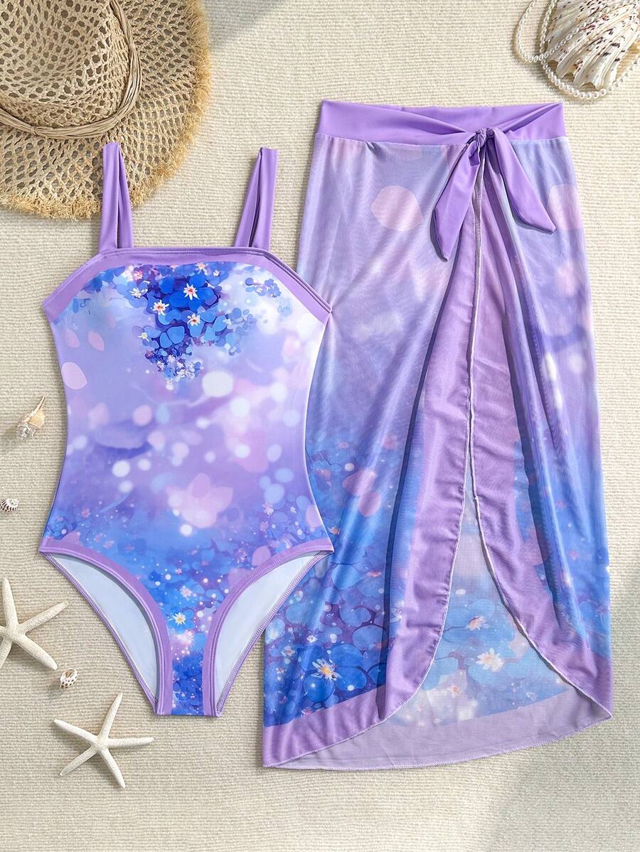 Young Women One-Piece Swimsuit, Teenage Girls Two Pieces Swimwear With Bow Tie, Digital Print Skirt, Beach Party Holiday Swimming Suit - Purple - View 1
