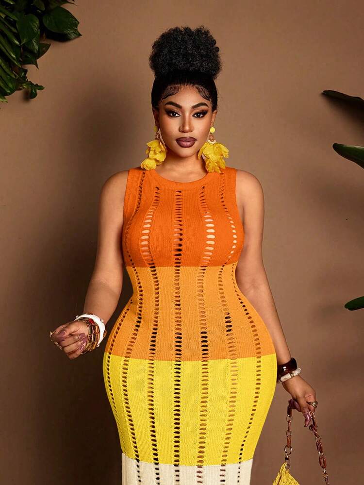 Maweii Plus Size Women's Sweater Dress,Multicolored, Yellow, Orange, Purple, Sleeveless, Round Neck, Tassels, Cutout, Slimming And Sexy, Women's Knitted Dress, Women's Outwear, Spring, Summer, Vacation Stripe Dress Fringe Dress Colorful Dress Knit Dress - Multicolor - View 4