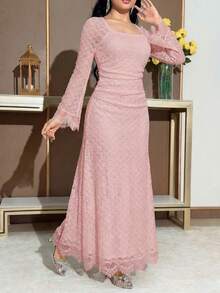 Feyla Rochie elegantă cu talie contrastantă din dantelă pentru femei, toamnă - Roz - Vizualizare 8