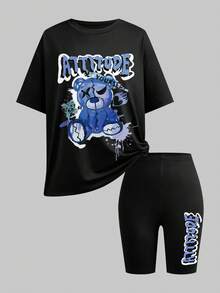 Explorewe Bộ 6 món phong cách đường phố thường ngày, in hình gấu và xe đua, áo tay ngắn và quần short, dành cho nữ tuổi teen. - Màu xanh lam - Xem 5