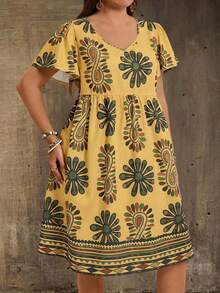 EMERY ROSE Plus Size Floral & Geometric Print Casual Vacation Dress - Mustard Yellow - View 3