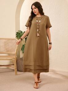 EMERY ROSE Plus Size Solid Color Short Sleeve Casual Vacation Dress Spring Outfits For Women Vacation Country Sage Green - Mocha Brown - View 7