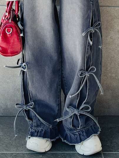 FRIFUL Jeans de pierna recta con diseño de lazo y cordón lateral para mujer, pantalones vaqueros casuales y sueltos de ajuste versátil