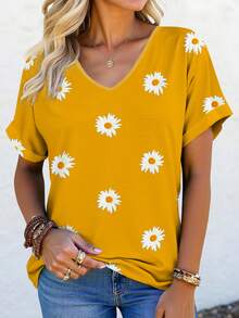 EMERY ROSE 大码女式白色雏菊印花V领短袖T恤，袖口可卷起，随机印花外出上衣，休闲宽松夏季女装 - 彩色 - 查看 1