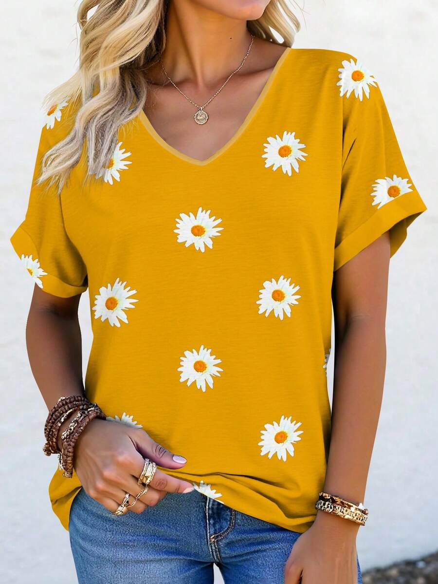 EMERY ROSE 大码女式白色雏菊印花V领短袖T恤，袖口可卷起，随机印花外出上衣，休闲宽松夏季女装 - 彩色 - 查看 1