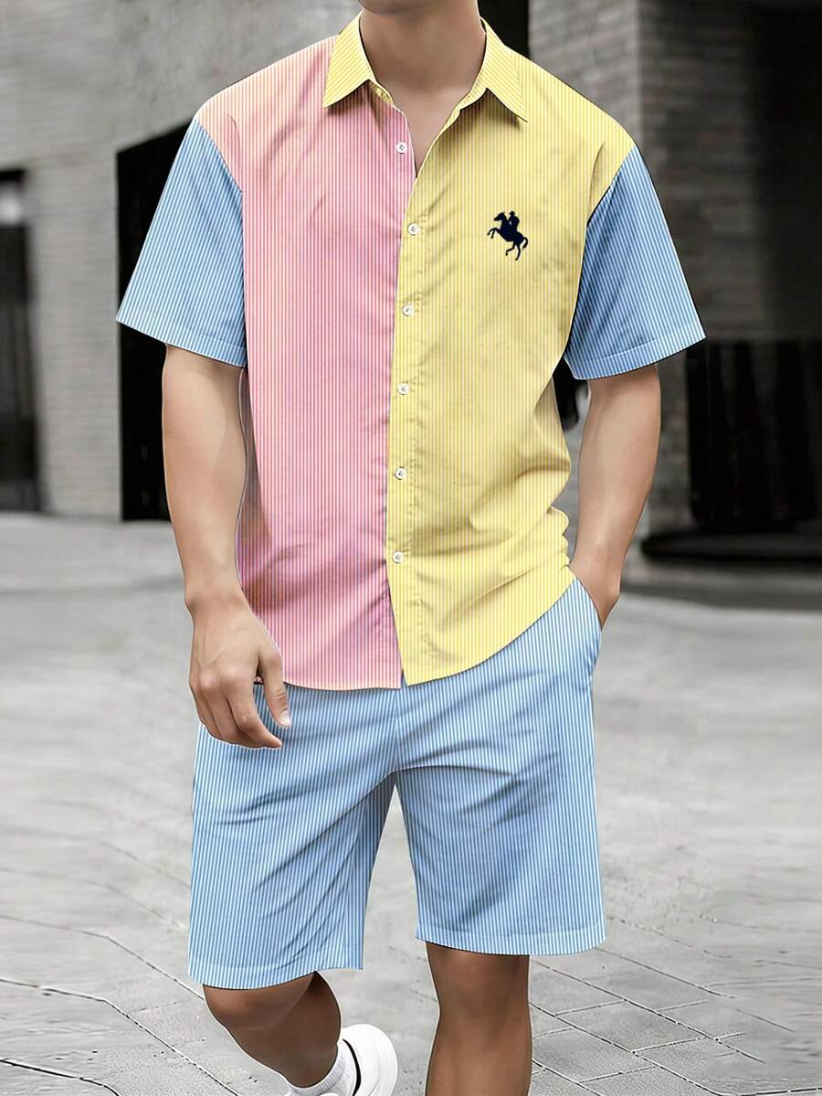 Manfinity Homme Bộ đồ nam mùa hè thường ngày kẻ sọc tương phản cài cúc phía trước gồm áo sơ mi và quần short. - Nhiều màu - Xem 1