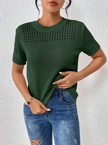 EMERY ROSE Women's Round-Neck Solid Color Short-Sleeved Knitted Top For Summer For New Year Clothes - Dark Green - View 5