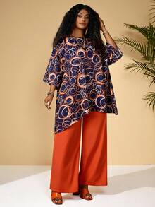 BrightlyHer Plus Size Women Boat Neck Geometric Print Mid-Sleeve Top And Elastic Waist Wide Leg Casual Outfit, Suitable For Daily Commute,Spring/Summer/Vacation - Multicolor - View 4