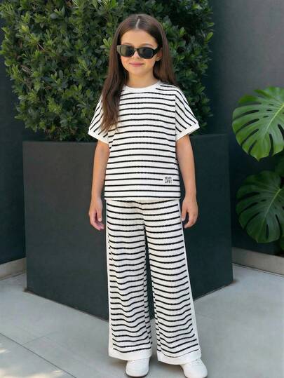 Tween Girls Casual All-Match Versatile Daily Wear Black & White Contrast Trim Round Neck Raglan Sleeve T-Shirt + Straight Leg Knit Pants Set