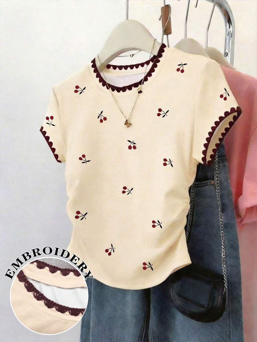 Resyla Women's T-Shirt, Cherry Blossom Print Design, Casual Versatile Summer Outdoor Top, Elegant Graphic, Suitable For Daily Wear, Outdoor, Shopping, Travel - Multicolor - View 1