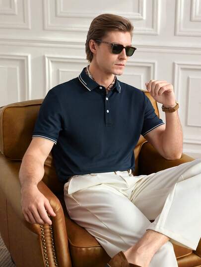 Officeau 男士休闲纯色透气短袖 POLO 衫，夏季时尚商务领口上衣