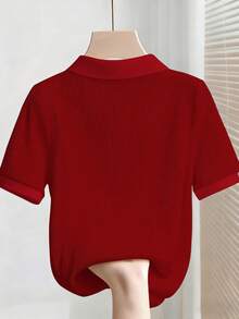 SHEIN Franclia 女士休闲日常通勤简约纯色短袖Polo衫，夏季 - 紅色 - 查看 2