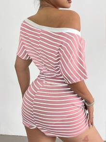 Flirla Striped Off-Shoulder Sexy Top, Long Sleeve T-Shirt & Drawstring Casual Shorts Set For Women - Multicolor - View 2
