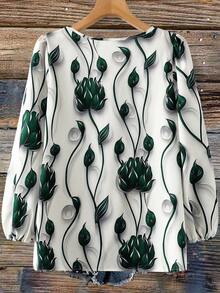 Franclia Petite 女士印花优雅衬衫，V领，七分袖，修身显瘦，适合春夏穿着。新款女式衬衫，休闲时尚女式上衣，最新款女式上衣。 - 綠色 - 查看 2