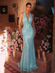 Glamrae 优雅奢华亮片花卉性感深V露背美人鱼礼服，适合婚礼、派对、度假、晚宴、正式场合。 - 薄荷綠 - 查看 4