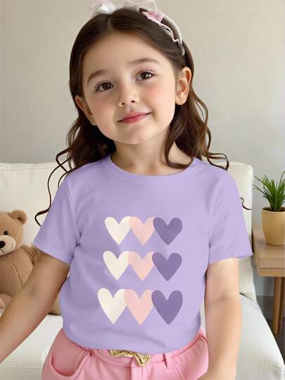 Baby Girls' Purple, Pink & White Heart Print T-Shirt, Cute Princess Style, Comfortable For Spring, Summer, Autumn & Winter