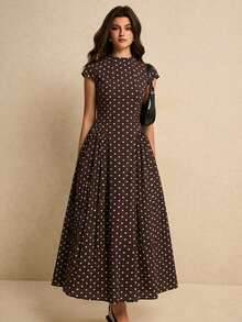 Poéselle Đầm dài nữ thanh lịch họa tiết chấm bi với tay áo kiểu cánh dơi. - màu nâu - Xem 6