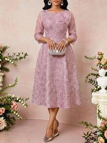 SHEIN Lady 女士纯色3D立体花卉装饰圆领网纱拼接优雅中长连衣裙 节日礼服 毕业礼服 婚礼宾客礼服 女士花卉连衣裙 粉色连衣裙 粉色优雅连衣裙 优雅中长连衣裙 优雅春季连衣裙 法式连衣裙 派对连衣裙 正式连衣裙 婚礼宾客礼服 女士场合连衣裙 女士婚礼服装 女士宾客正式连衣裙 特殊场合连衣裙 玫瑰印花连衣裙 女士连衣裙 正式服装 女士经典连衣裙 - 粉色 - 查看 6