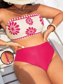 Swim Lushoire Plus Size Women Simple Daily Summer Swimwear Set - Hot Pink - View 1