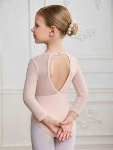 女童白色长袖芭蕾舞紧身衣+裙子套装，高弹力贴身运动服舞蹈训练服 - 藕粉色 - 查看 4