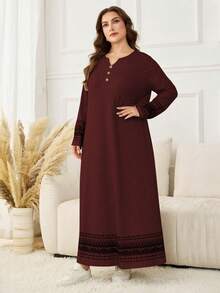 Lacomfia Herbst/Winter Lässig Rundhals Pullover Strick strukturierte lose vielseitige bedruckte Patchwork Damen Große Größen Kleid - Bordeaux - Übersicht 5