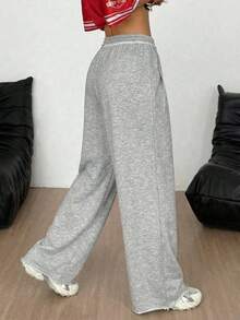 SHEIN Tween Girls' Loose Casual Minimalist Comfortable Mid-Waist Contrast Color Drawstring Decor Sweatpants, Autumn/Winter Fall - Grey - View 2