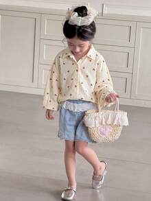 SHEIN Tween Girls Pink Cute Cherry Bow Back Slit Long Sleeve Blouse, Loose Casual Fashionable Versatile Squishy New Ss26 Fashion Summer Tops Pink Tops - Multicolor - View 3