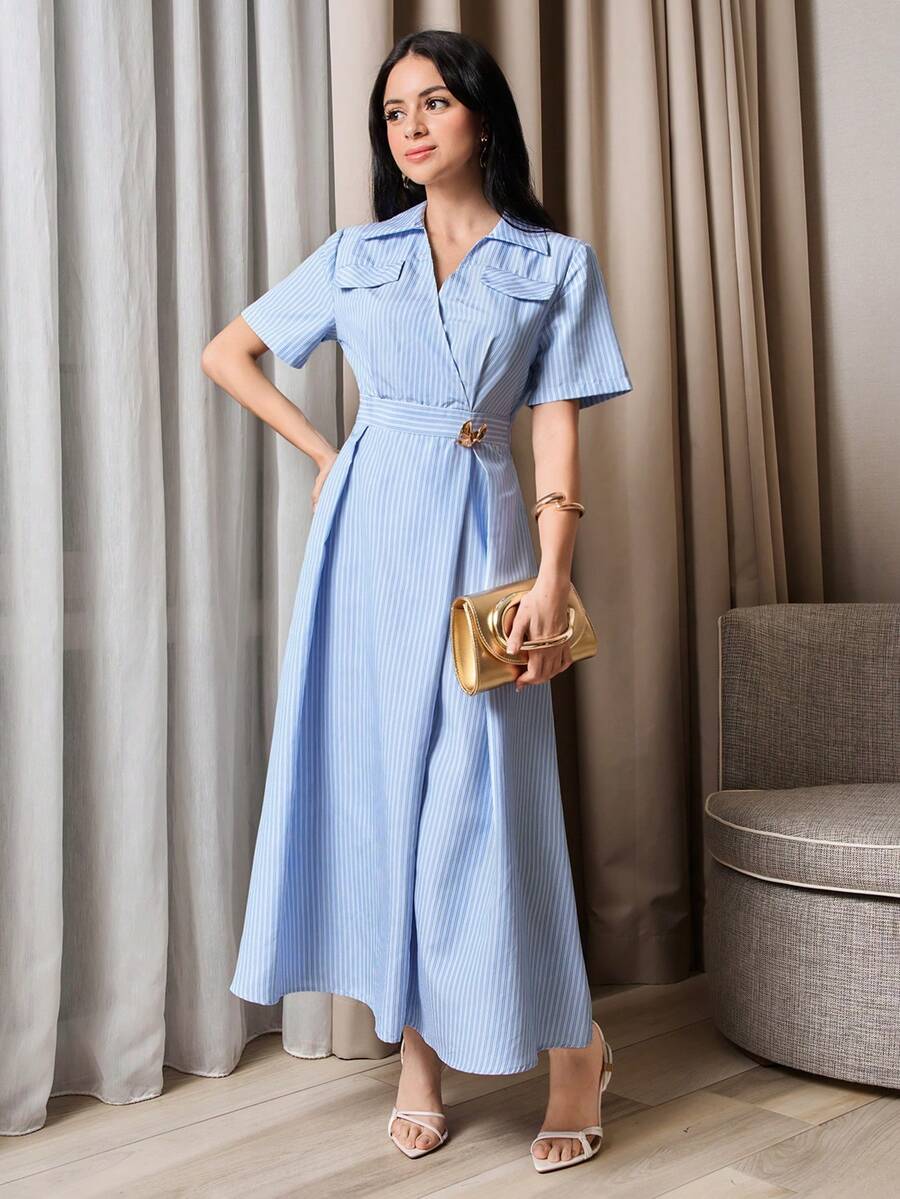 Modelyn Vestido elegante de cuello de camisa a rayas para ir al trabajo - Azul y blanco - Ver 1