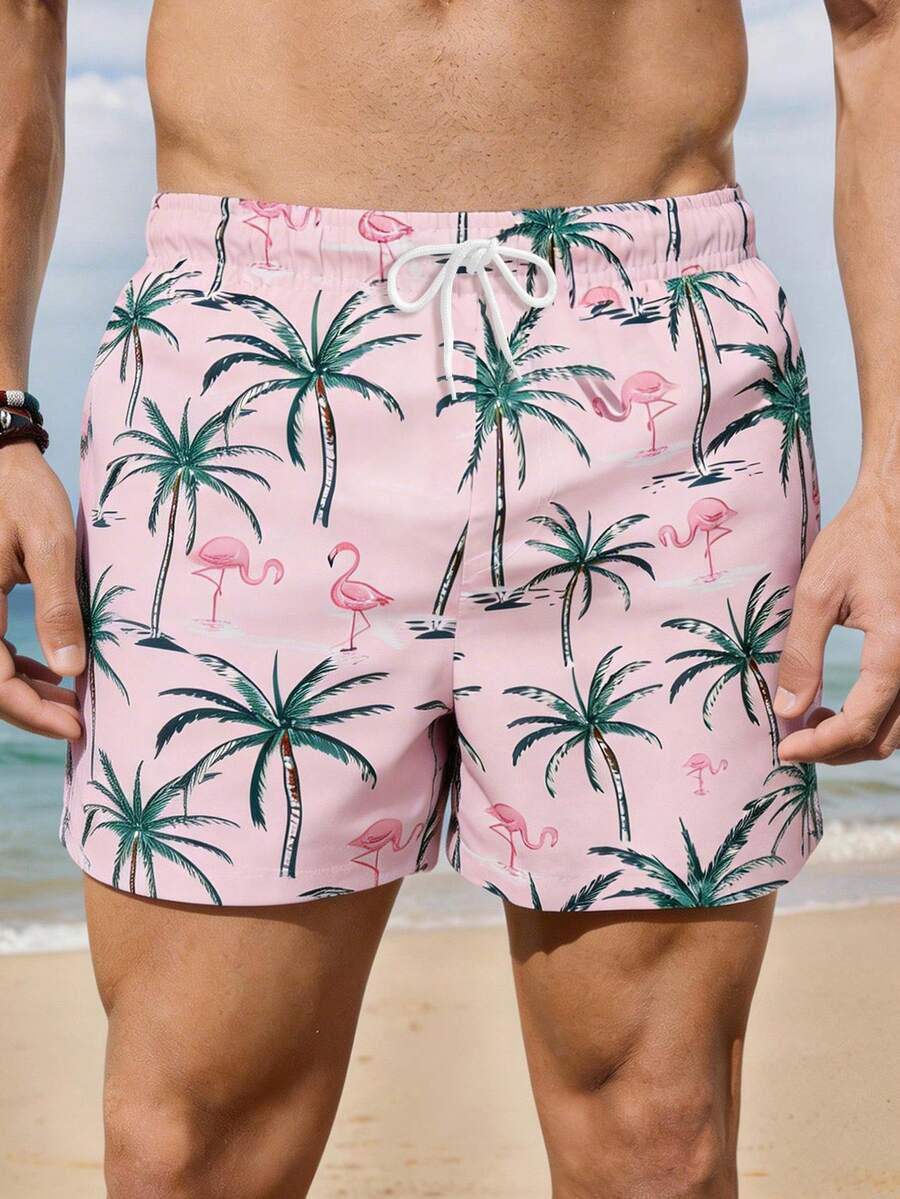 Manfinity RSRT 男士沙滩短裤，网眼内衬，热带粉色椰子和火烈鸟印花，度假风 - 彩色 - 查看 1