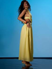 MUSERA 低胸垂褶露背吊带花边镂空露背长裙，夏季性感海滩度假伊比沙岛俱乐部热带风情 - 淡黃色 - 查看 3