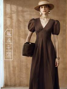 Arave 女士V领花瓣袖褶皱优雅连衣裙 - 棕色 - 查看 3