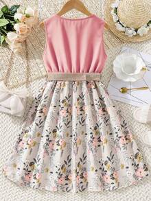 SHEIN Vintaside Kids Vestido de niña preadolescente con estampado floral, cinturón y volantes en el bajo, cuello redondo - Rosa - Ver 2