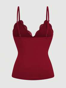 Sweetra Plus Size Women Lace Patchwork Ruffle Elegant Vintage Cute Bodycon Ruffle Camisole - Burgundy - View 2
