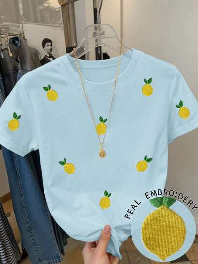 Resyla 女士休闲落肩圆领T恤，柠檬印花T恤，水果T恤