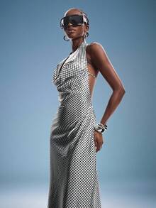 Silver Foil Plaid Backless Draped Neck Dress, Sexy Elegant Vintage Party Versatile Long Dress For Women - Silver - View 6