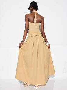 GENKIRA 拿铁米色，3D拼接剪裁，收腰连衣裙，仿束身胸衣设计，前襟纽扣装饰，修身针织拼接喇叭连衣裙，扭褶设计，优雅法式休闲度假简约百搭 - 卡其色 - 查看 2