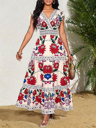 SHEIN Lady Women Floral Print Crossed Wrap Casual Holiday Short Sleeve Dress Resort Dresses For Women Women Dresses Boho Boho Summer Dress Boho Dress Women Women Clothing Summer Dresses Easter/Easter Dress/Easte