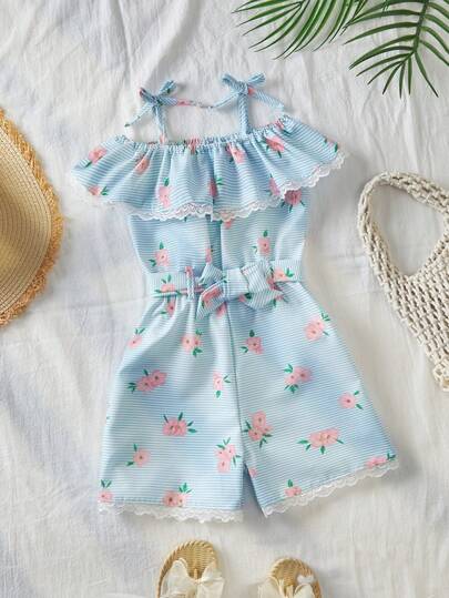 Bộ áo liền quần cho bé gái (cỡ nhỏ), họa tiết hoa sọc xanh dương, thiết kế bèo nhún tinh tế, eo chun co giãn kèm thắt lưng, quần short.