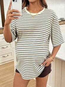 SHEIN Áo thun ngắn tay cổ tròn kẻ sọc dáng casual dành cho bà bầu, thích hợp mặc mùa hè. - Nhiều màu - Xem 4