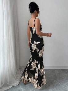 Rafferiza 女士优雅吊带提花针织修身鱼尾连衣裙，畅销晚礼服，女士正装派对礼服，优雅 - 黑色 - 查看 2