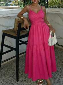 Slaydiva New Early Spring, Spring And Summer Music Festival, Valentine's Day, Easter, Bohemian Style, Nomadic Style, Casual, Simple And Basic, Cruise Party, Birthday Party, Daily Date, Casual Vacation, Elegant Commuting, Halter, Cross Front Piece Design, Cake Skirt, Long Skirt A, Beach Skirt, Rose Red Dress, Long Dress For Women -A - Hot Pink - View 6