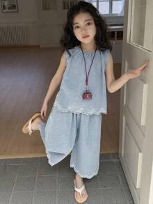 Dazy Kids 女童纯色圆领无袖荷叶边牛仔套装，夏季 - 淺色水洗藍 - 查看 1