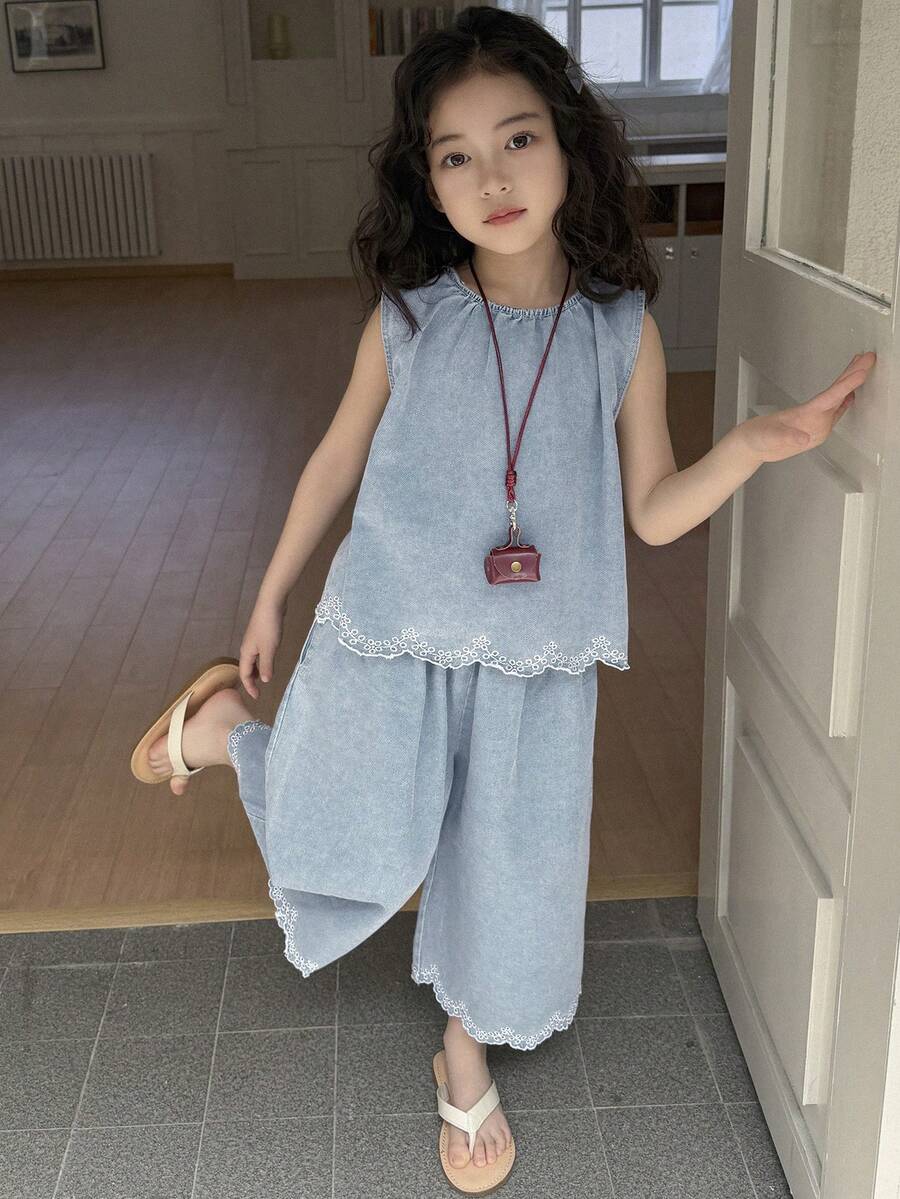 Dazy Kids 女童纯色圆领无袖荷叶边牛仔套装，夏季 - 淺色水洗藍 - 查看 1
