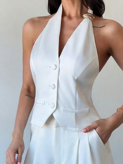 Firerie Women's Elegant Minimalist Chic Fashion Office Commute Urban New Vacation V-Neck Halter Metal Decor Slim Fit White Blazer Vest