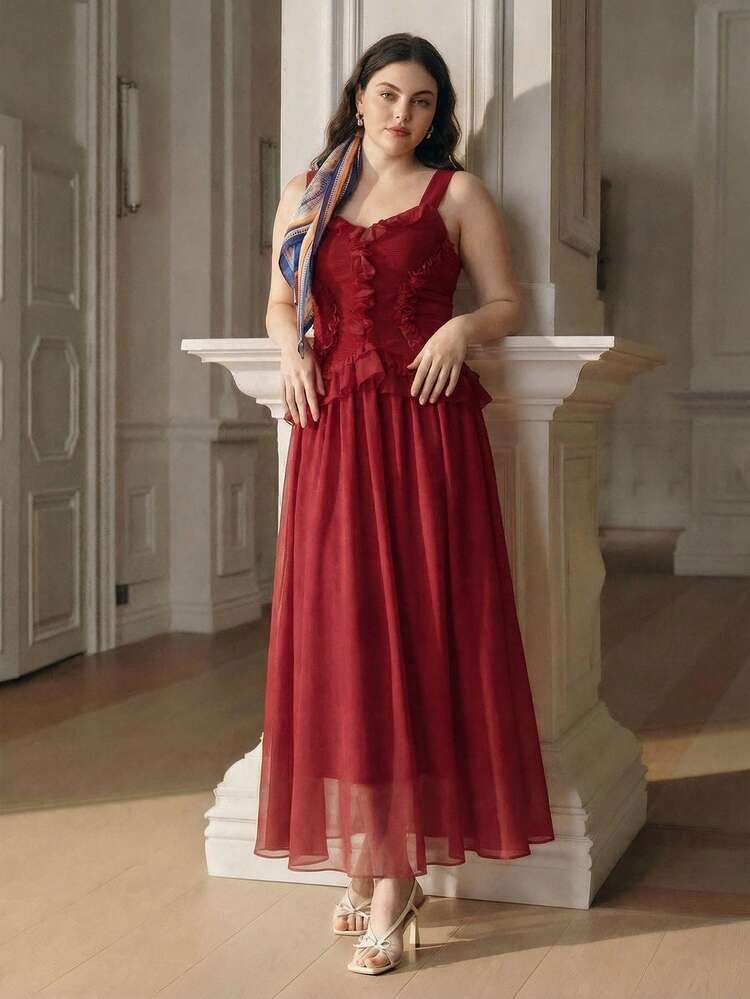 Plus Size Women Elegant Vacation Dress, Summer Sleeveless Pleated Frill Trim Waist Flared Red Dress